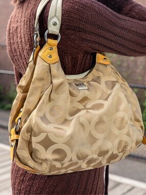Coach Beige Signature Shoulder Bag with Yellow Accents
